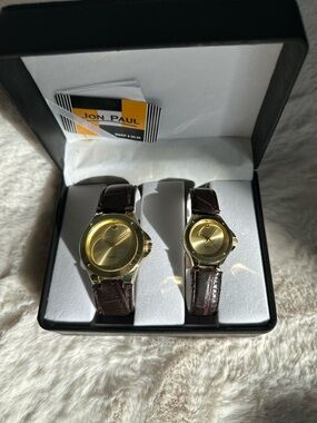 His and Hers Jon Paul Gold Dial Watches with Brown Leather Straps NWB